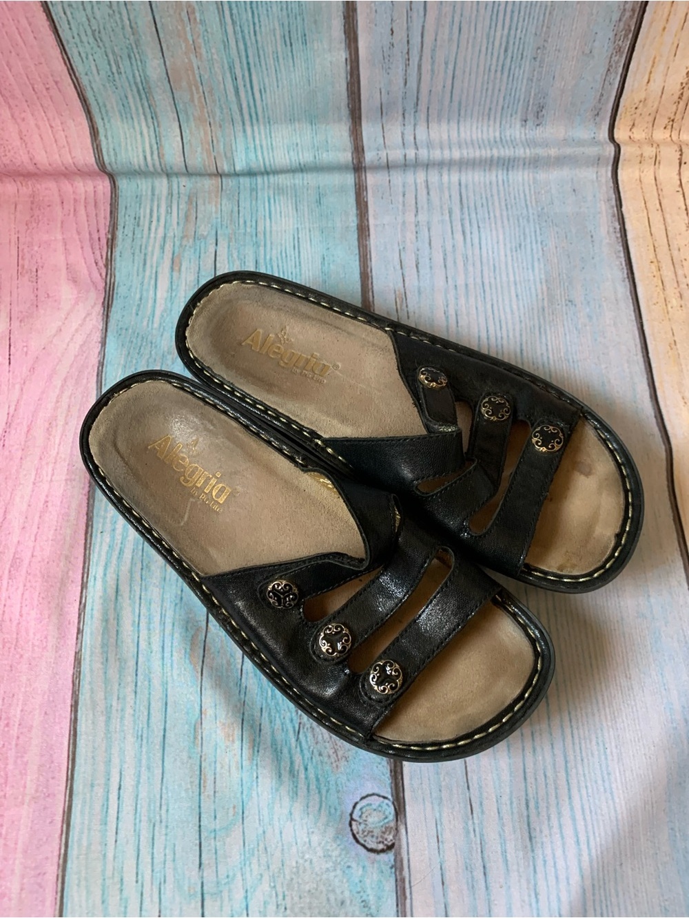 Alegria Black Women's Slide Sandals with Decorative Buttons - Picture 9 of 10